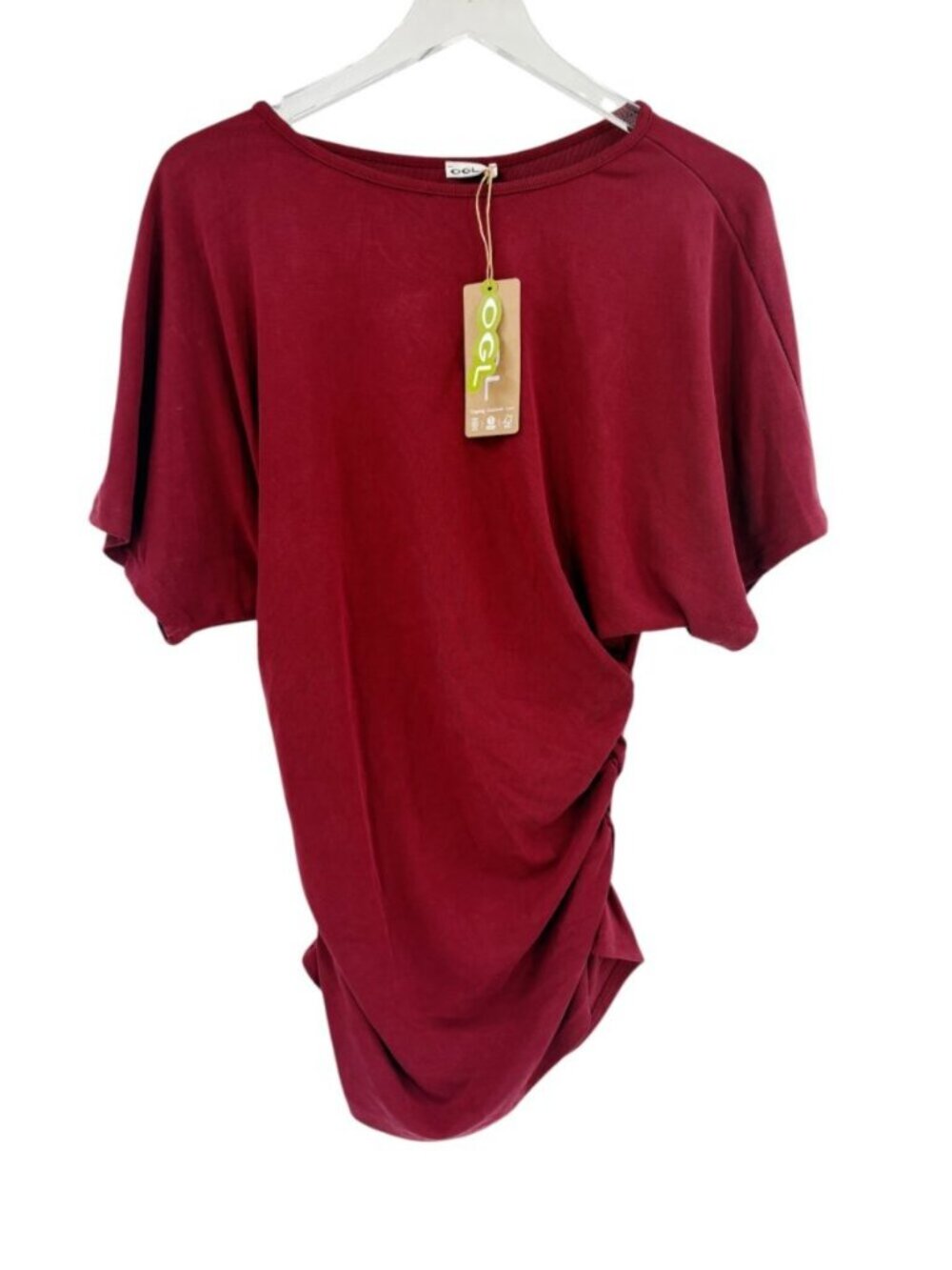 NWT OGL Sandwashed Effortless Boatneck Batwing Sleeve Side Ruched Top Jujube Red - Picture 3 of 12